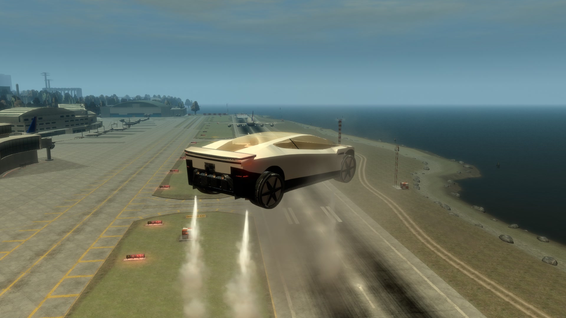 Hover over the runway, sea behind