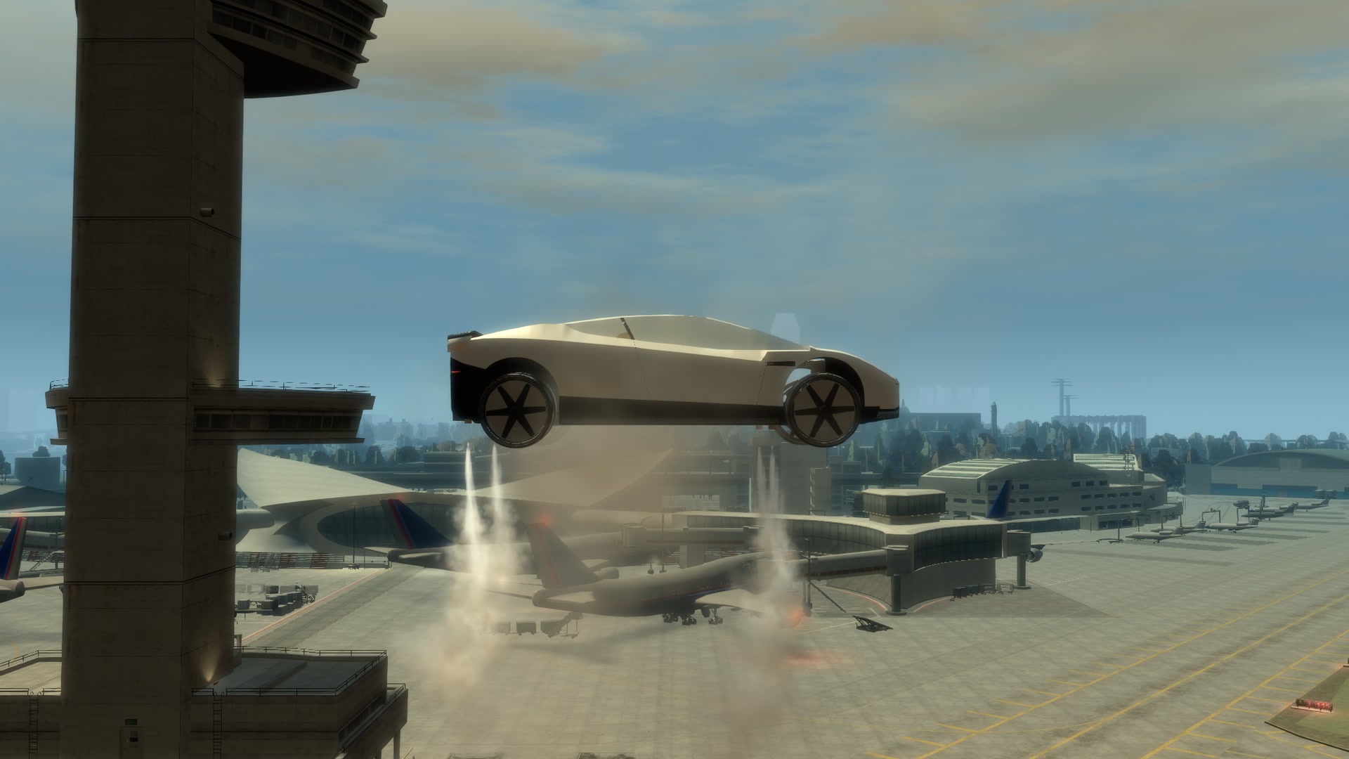 Hovering in profile in front of the control tower