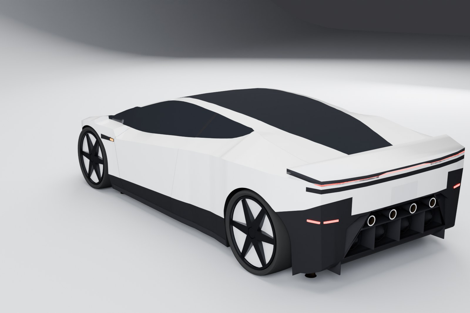 Rear three-quarter view: the wing, the four rear thrusters and the diffuser