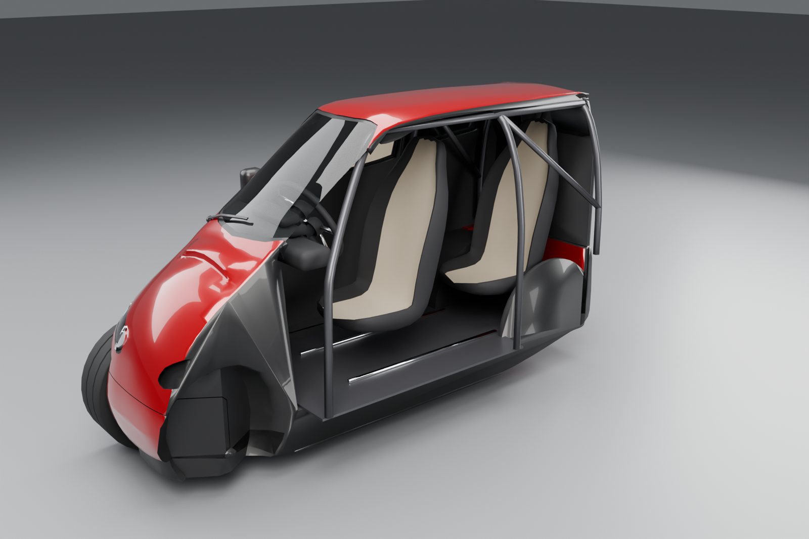 Cutaway: two seats in tandem inside a roll cage